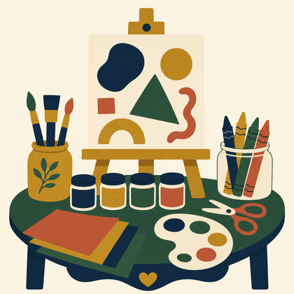 Mission art: an easel with a painting, paint jars, brushes, crayons, and scissors on an art table